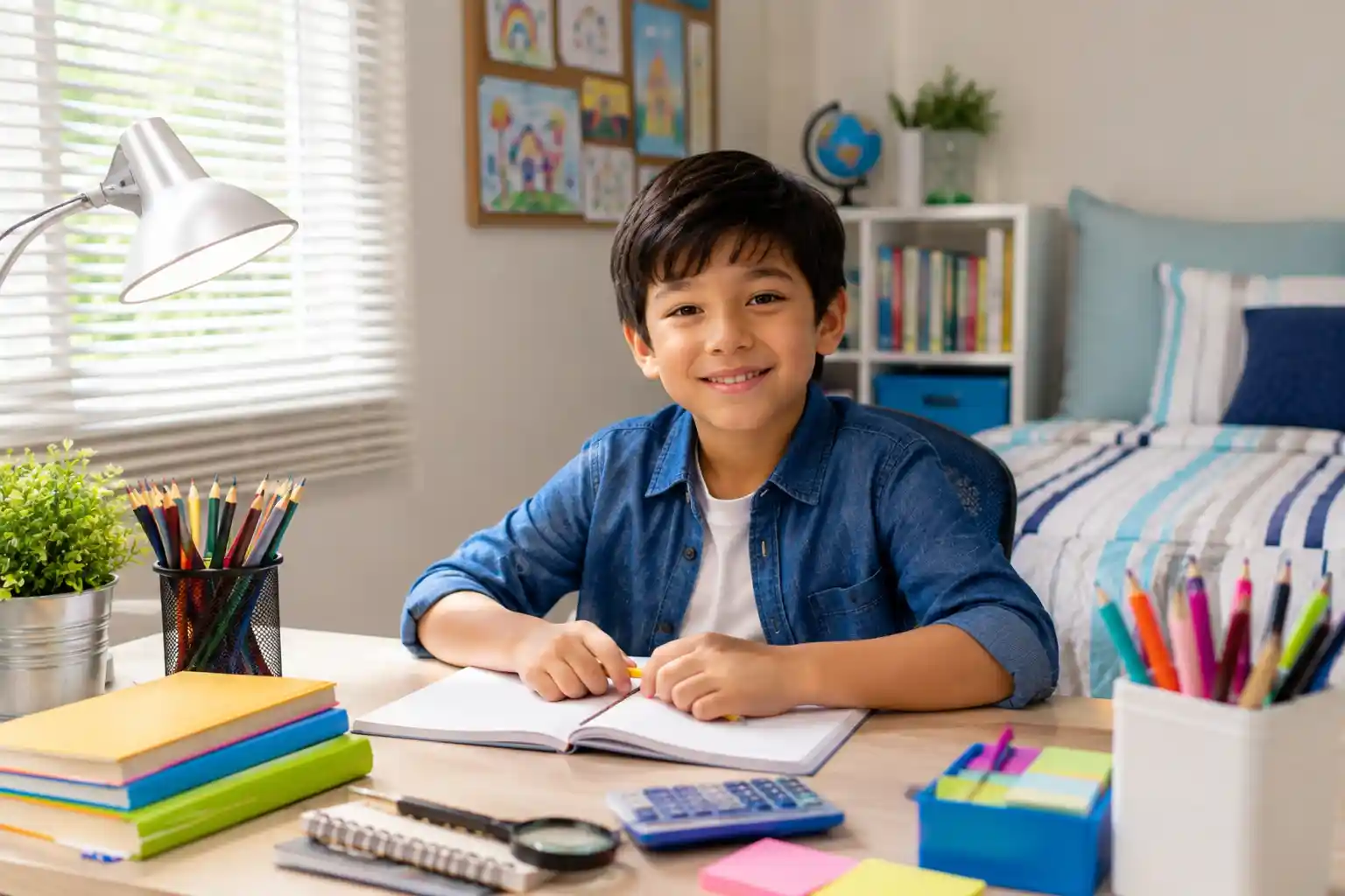 Child with a tidy and organized study desk