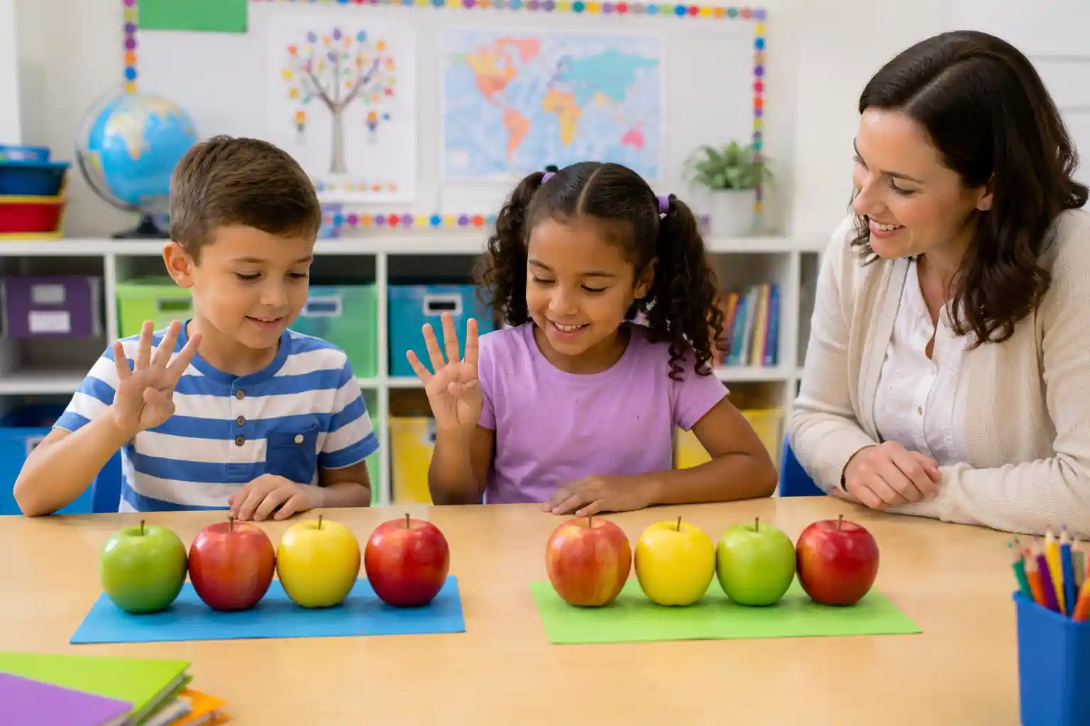 Children dividing apples into equal groups