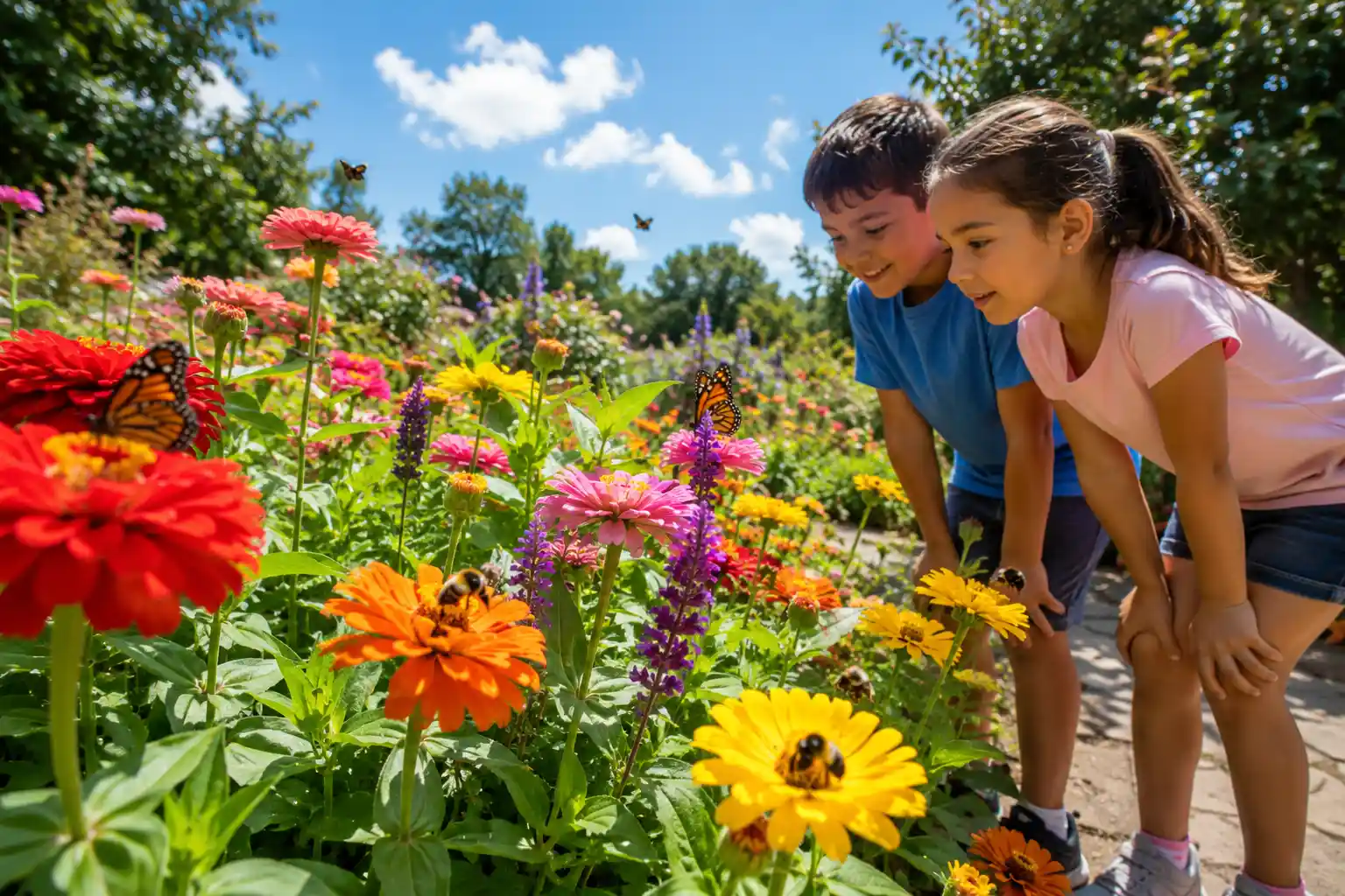 Children exploring a vibrant flower garden