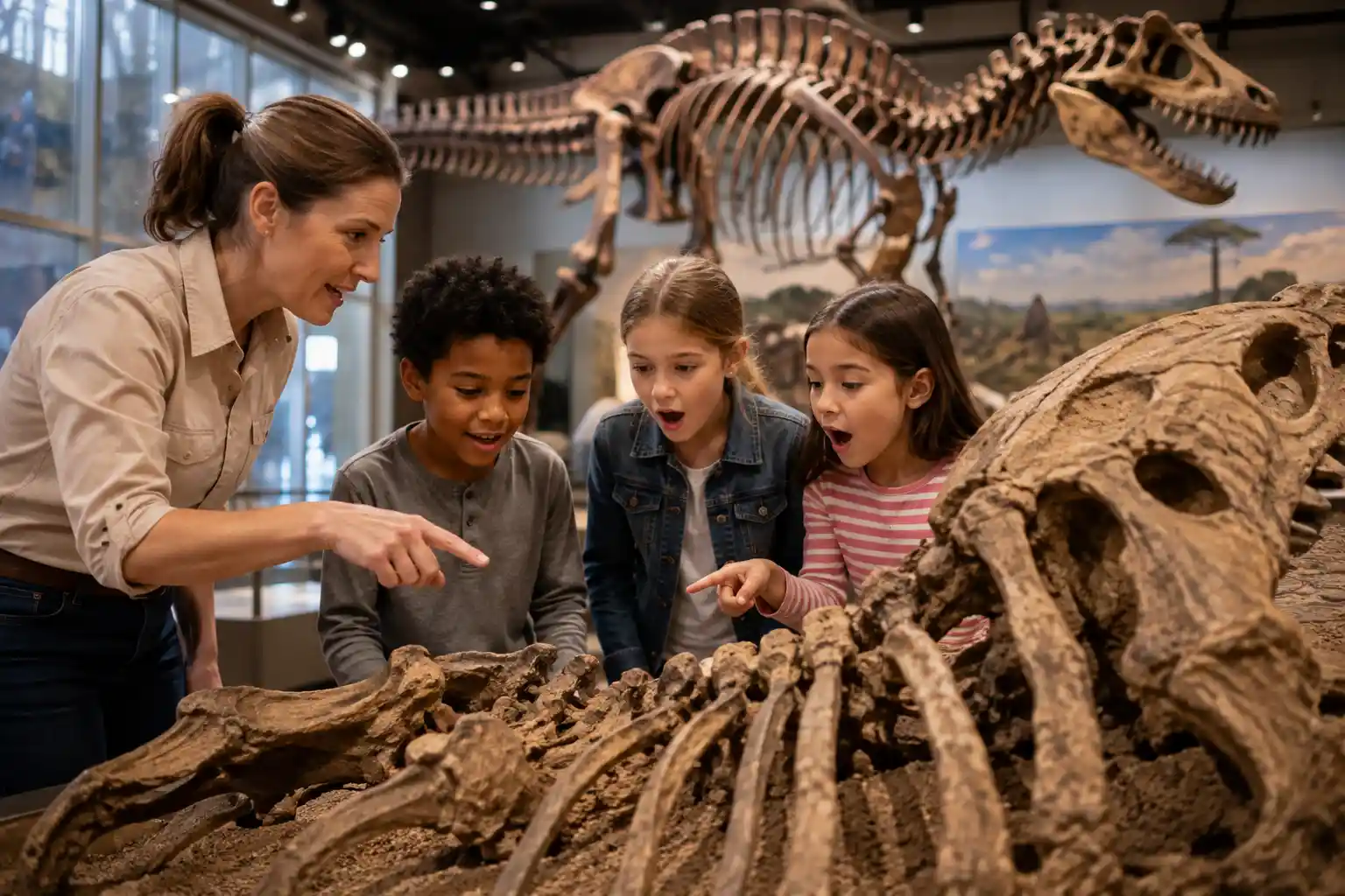 Children fascinated by a dinosaur fossil