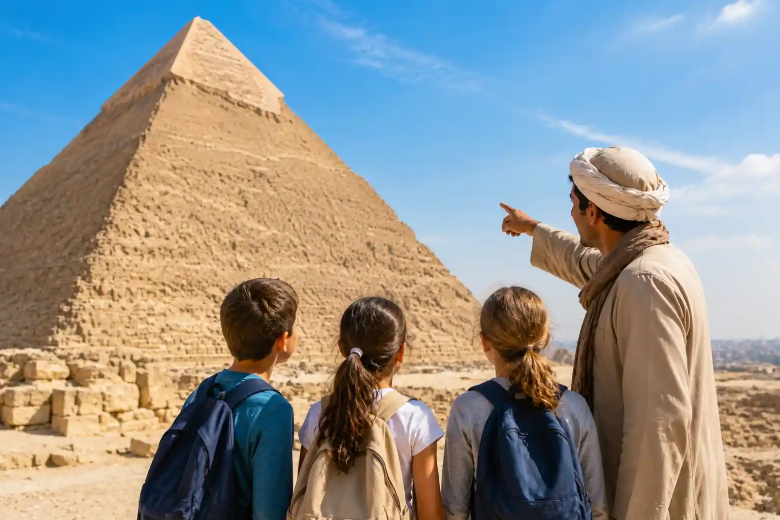 Children learning about an ancient Egyptian pyramid