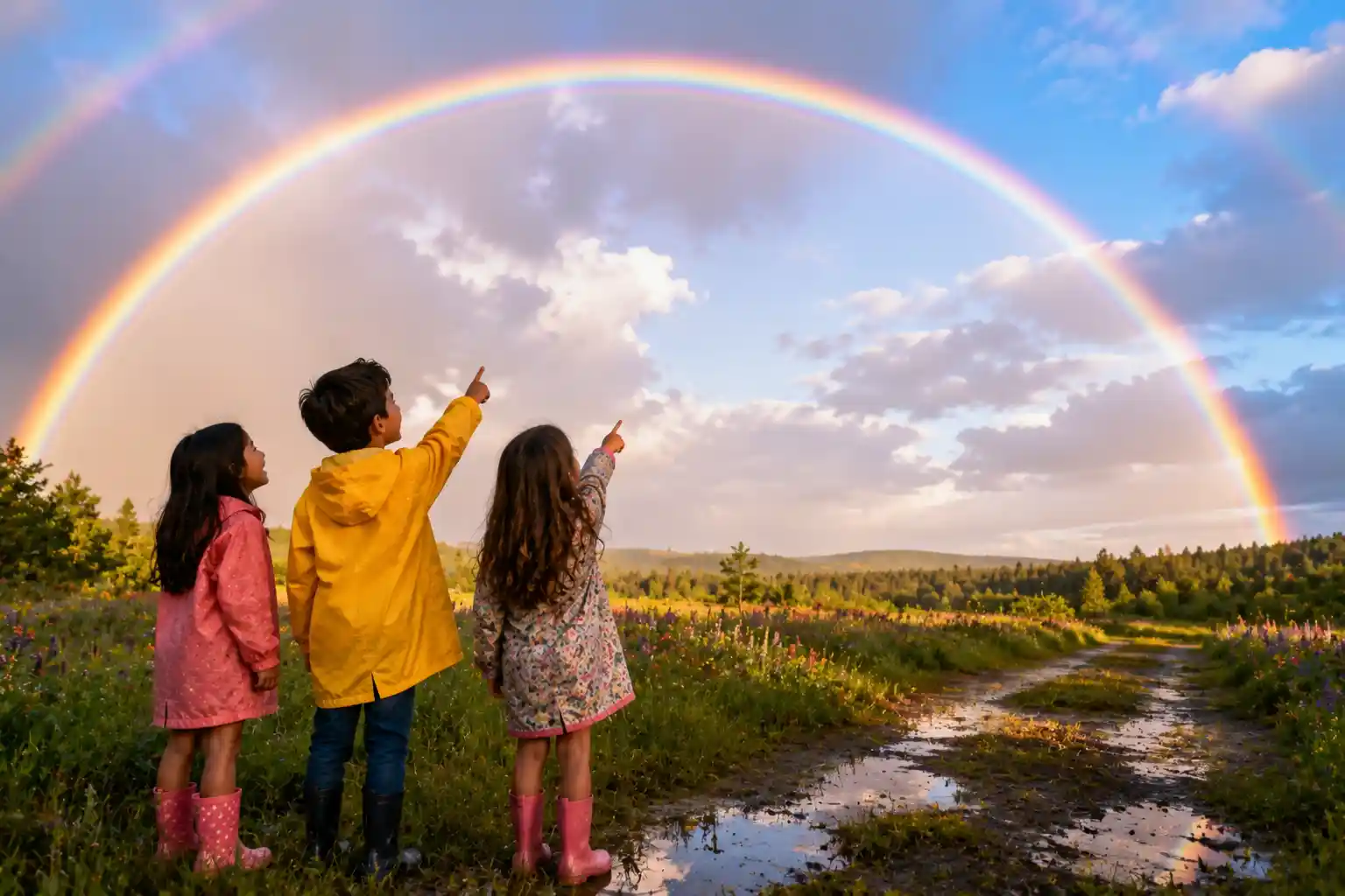 Children looking at an amazing rainbow