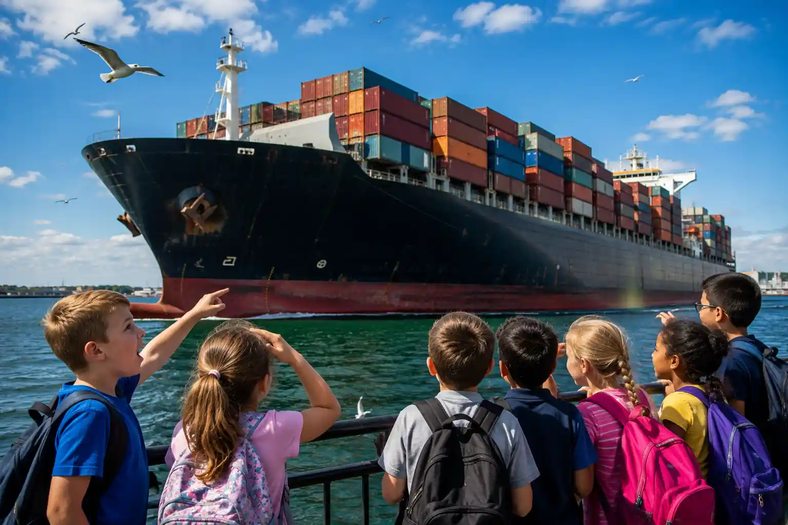 Children looking at an enormous cargo ship
