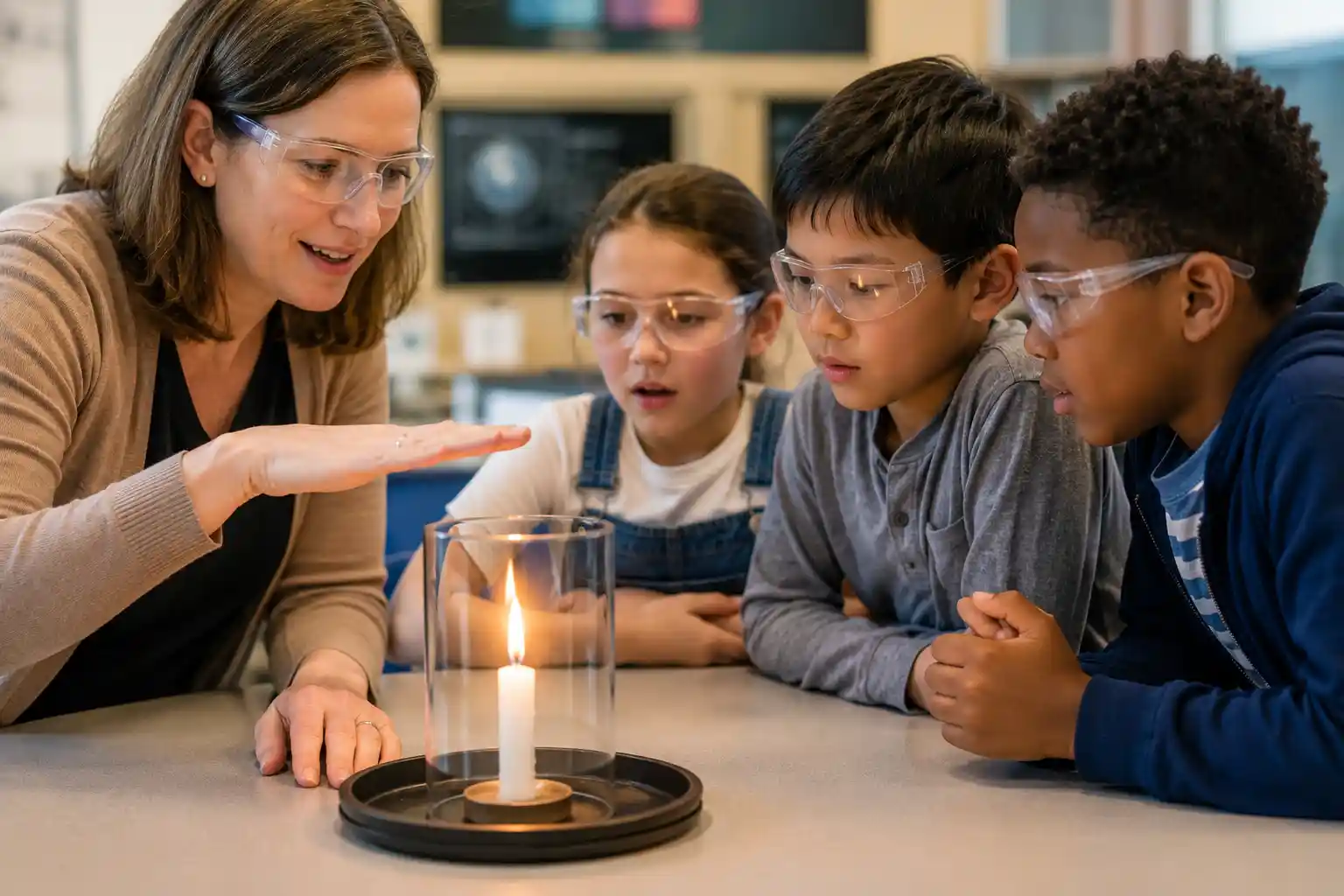 Children observing a flickering candle flame