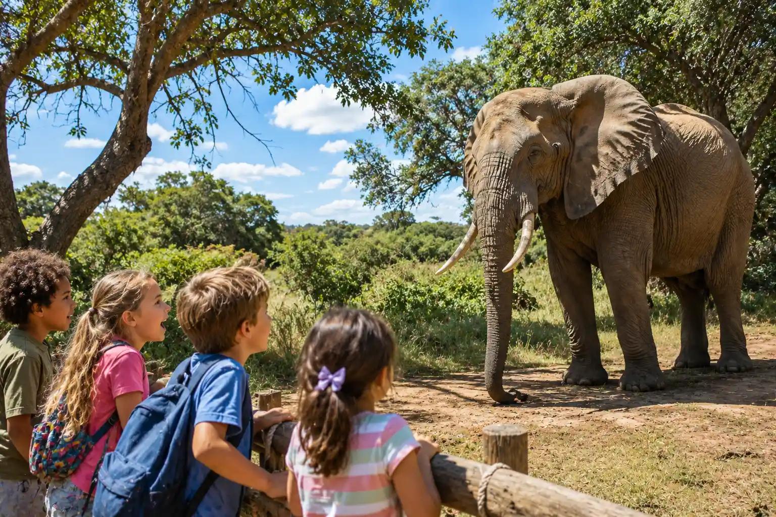 Children observing a gigantic elephant