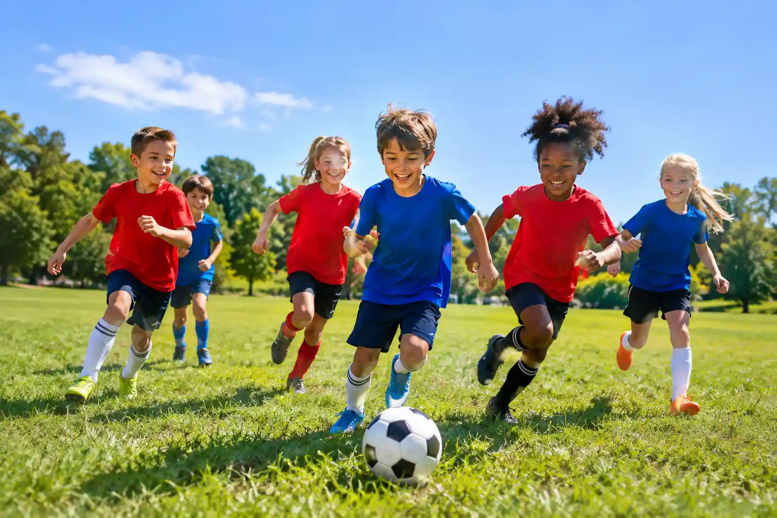 Children playing soccer together