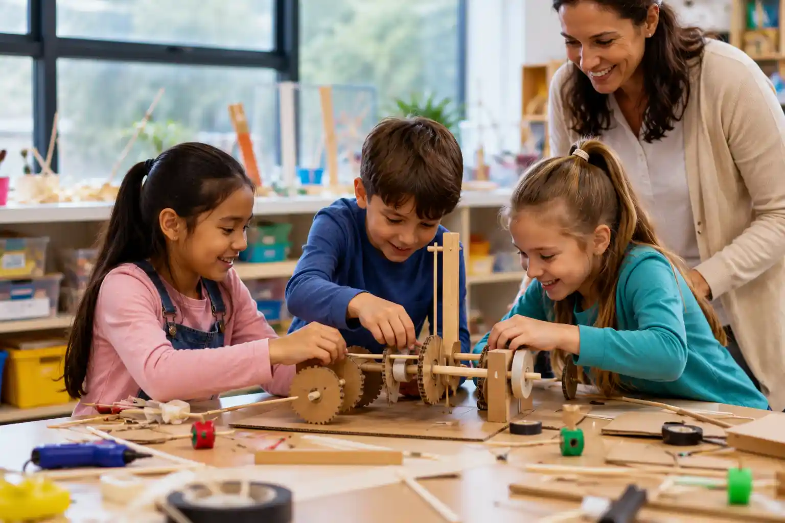 Children tinkering with a STEM model