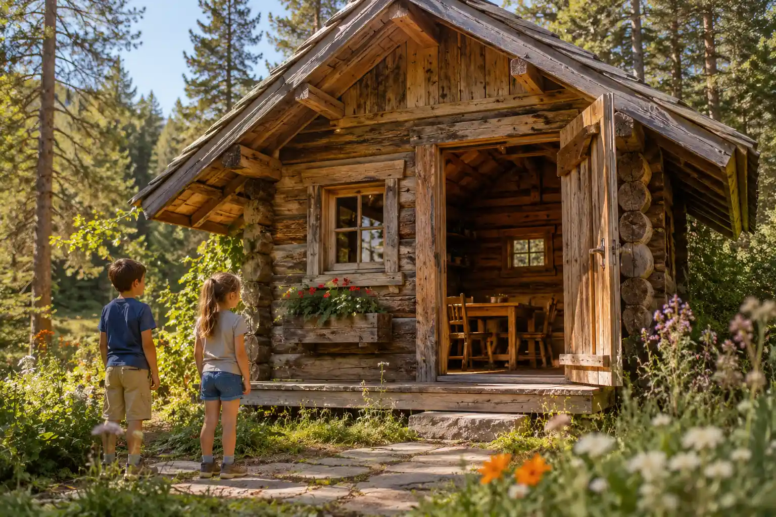 Children visiting a rustic wooden cabin