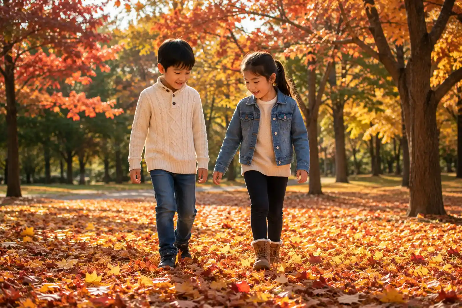 Children walking through rustling autumn leaves