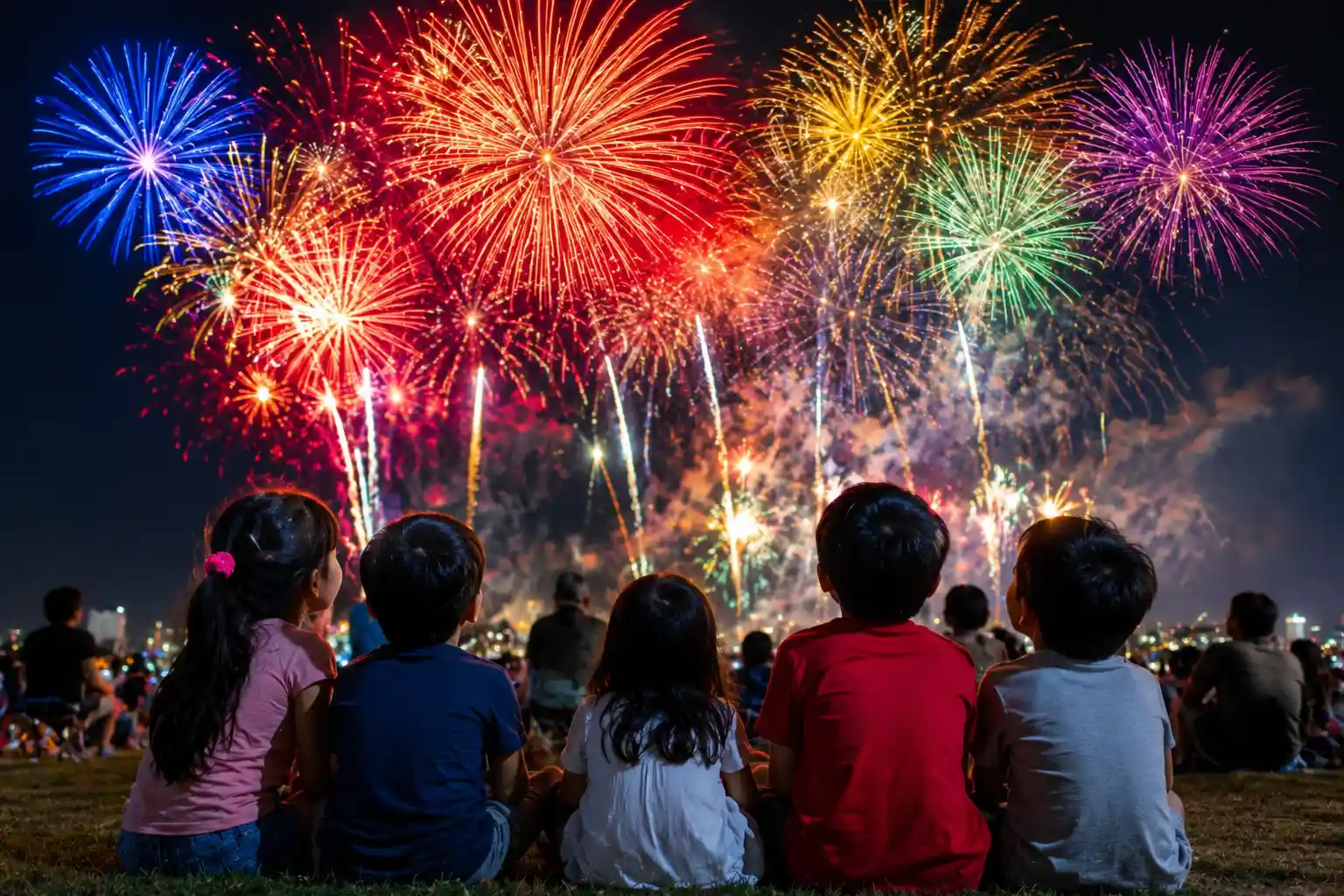 Children watching dazzling fireworks