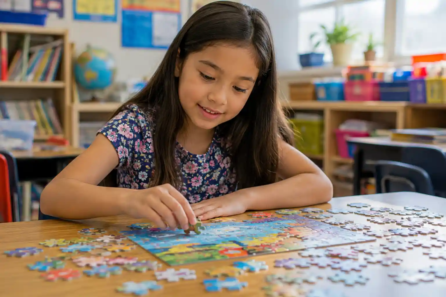 Clever child solving a colorful puzzle