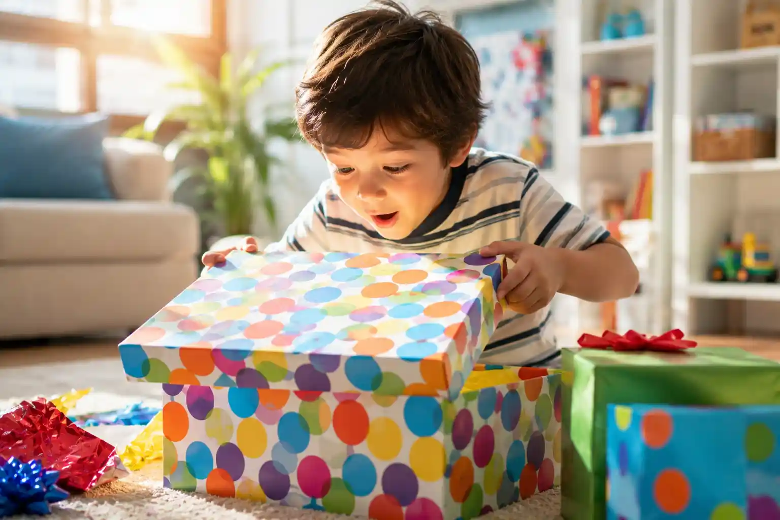 Curious child taking a peek inside a gift box
