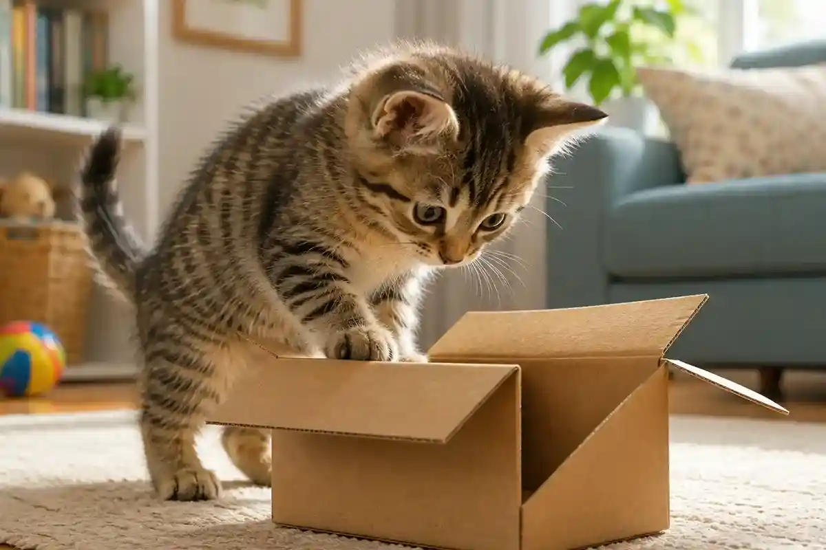Kitten is curious about the box
