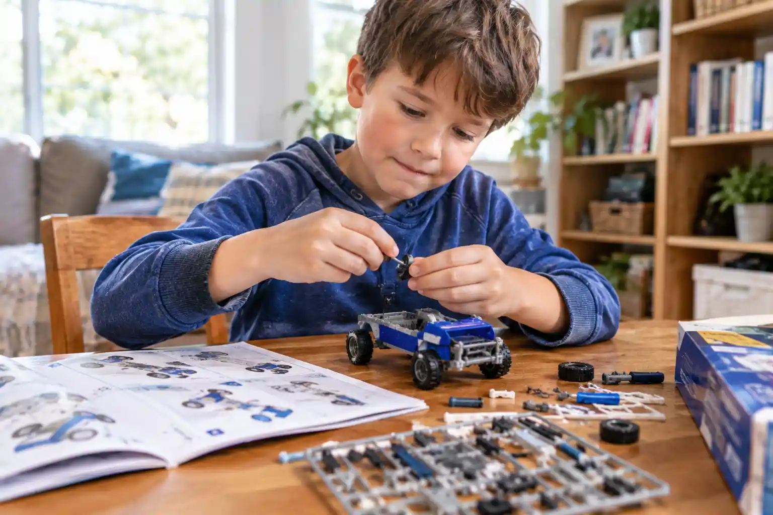 Determined child finishing a model project