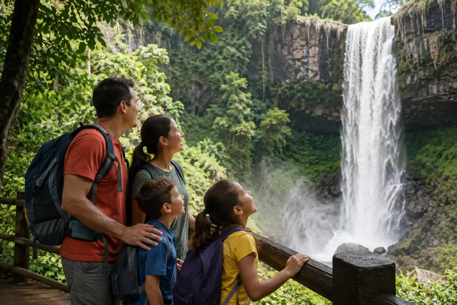 Family marveling at a magnificent waterfall