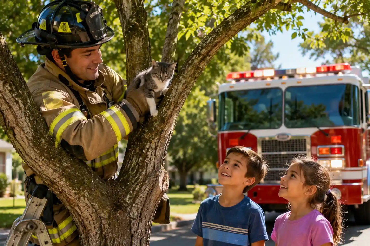 Firefighter rescuing a kitten from a tree