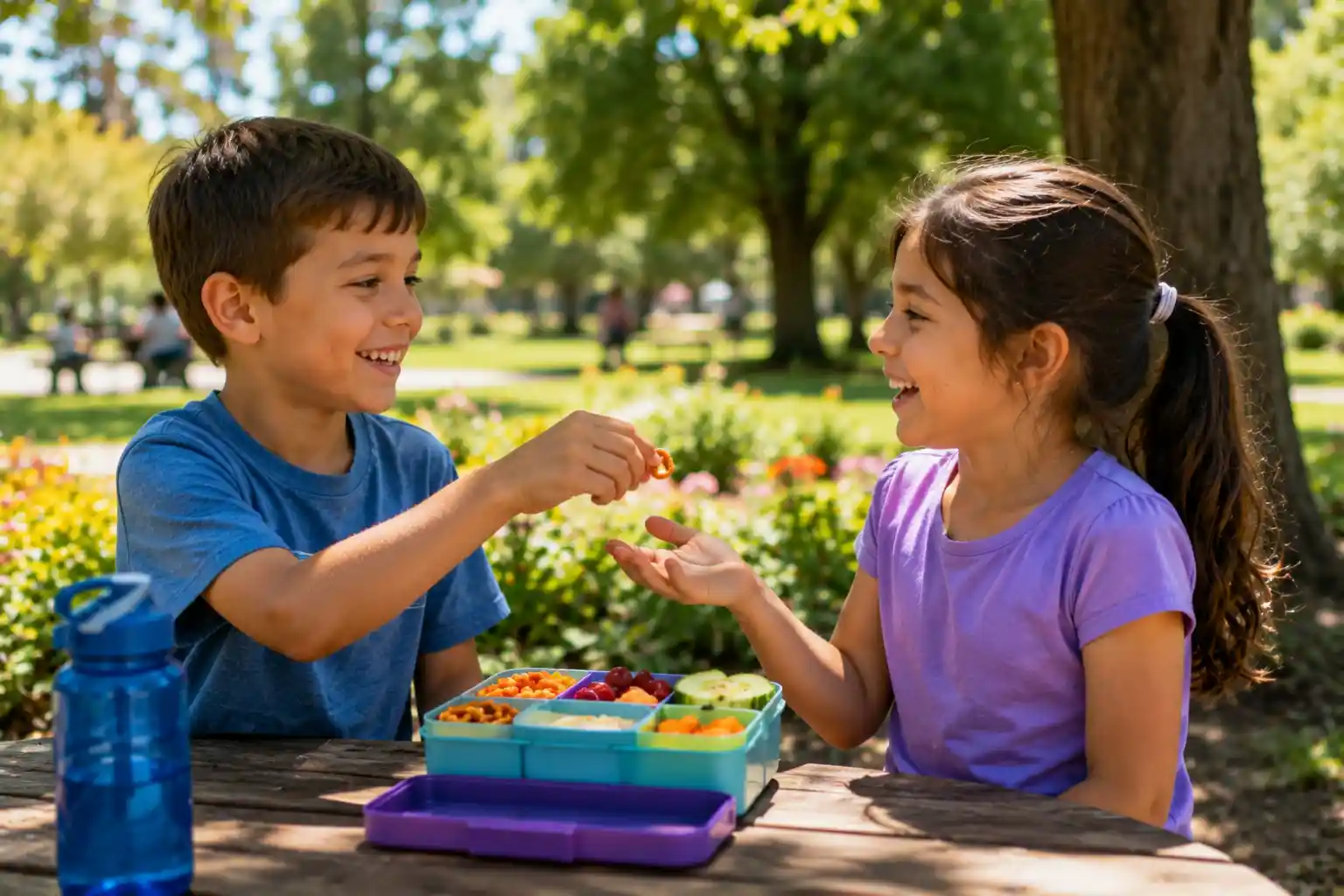 Generous child sharing snacks with a friend
