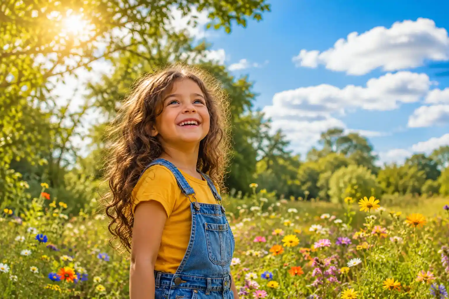 Happy child enjoying bright sunshine in a meadow