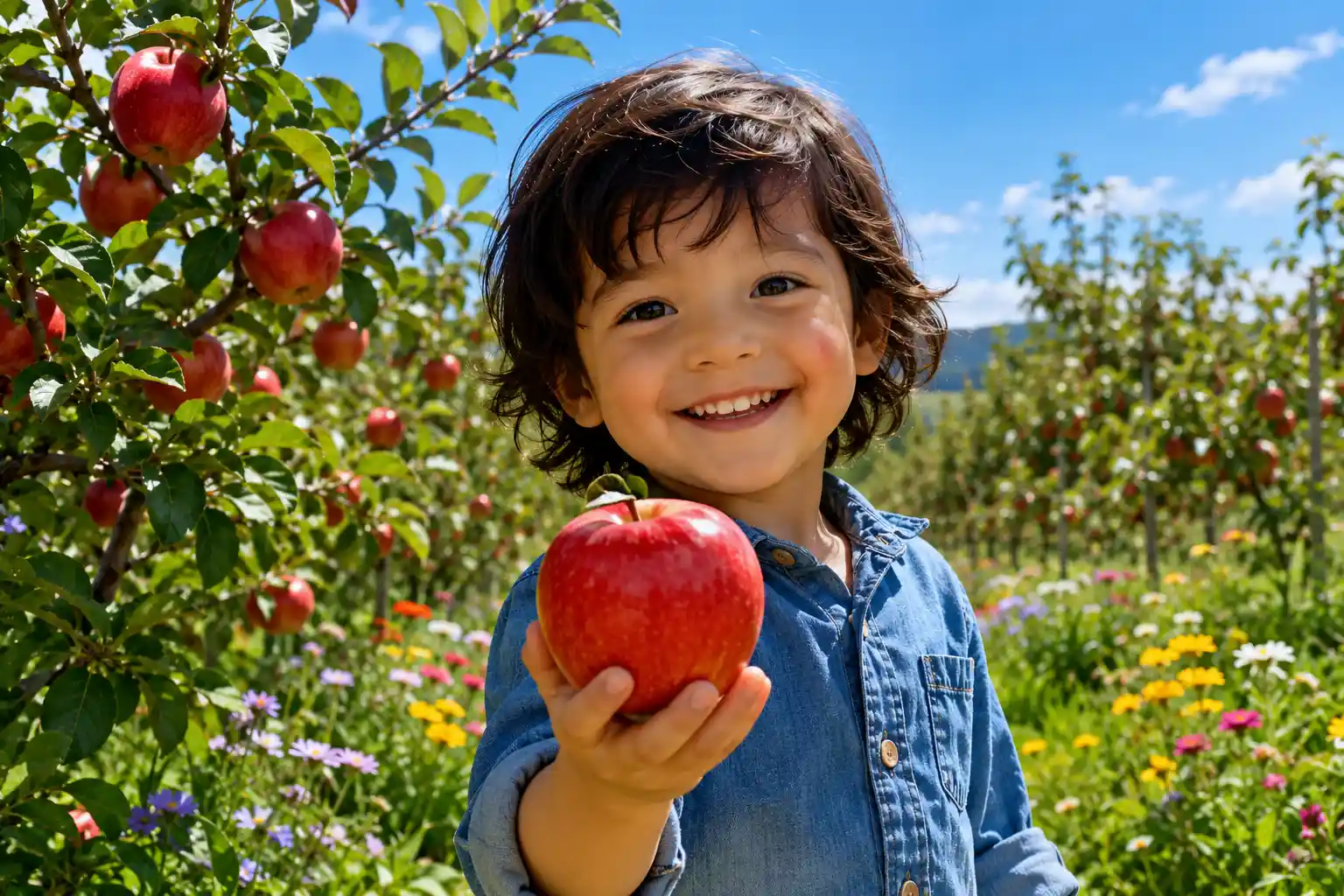 Happy child holding a red apple in an orchard