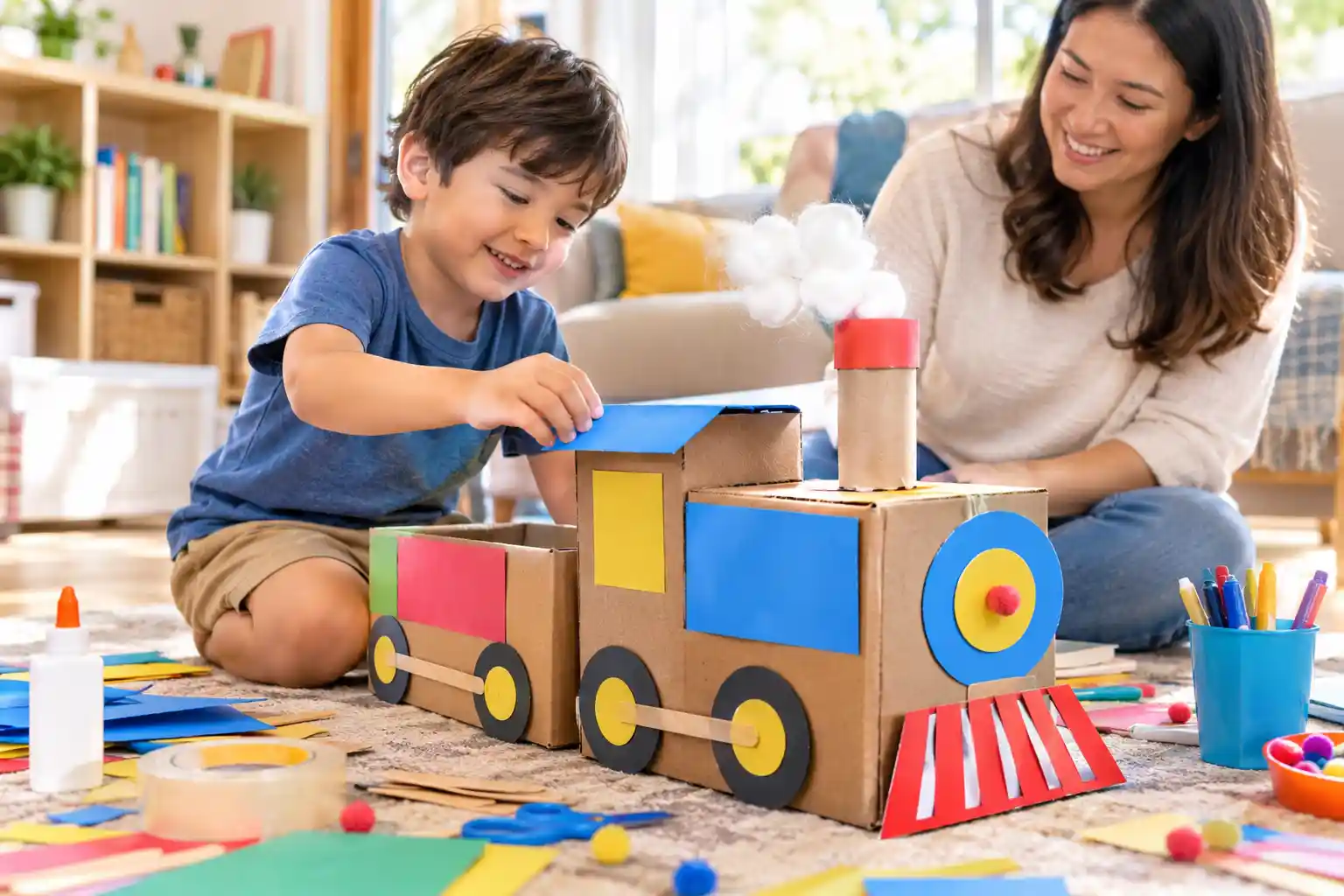 Inventive child making a cardboard train