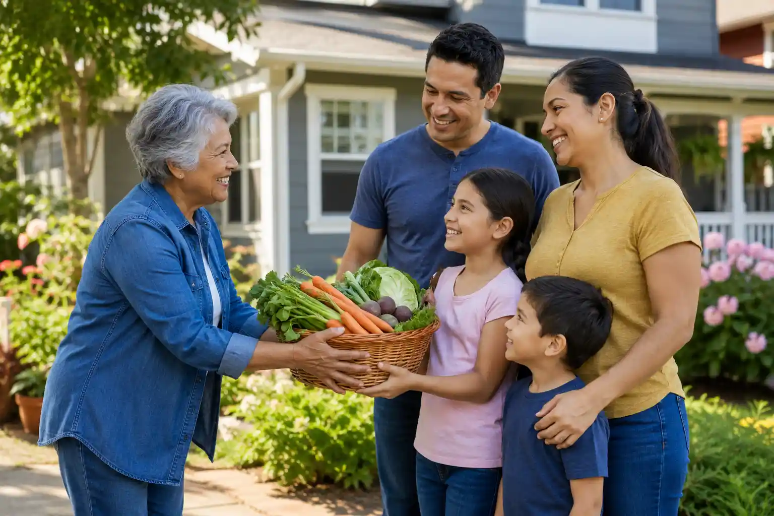 Kind neighbor helping a family with fresh vegetables
