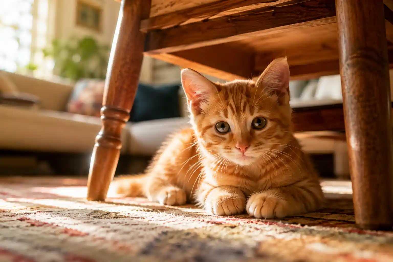 Kitten sitting under a chair