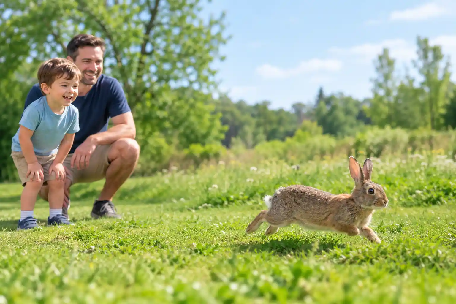 Rabbit moving swiftly across a field