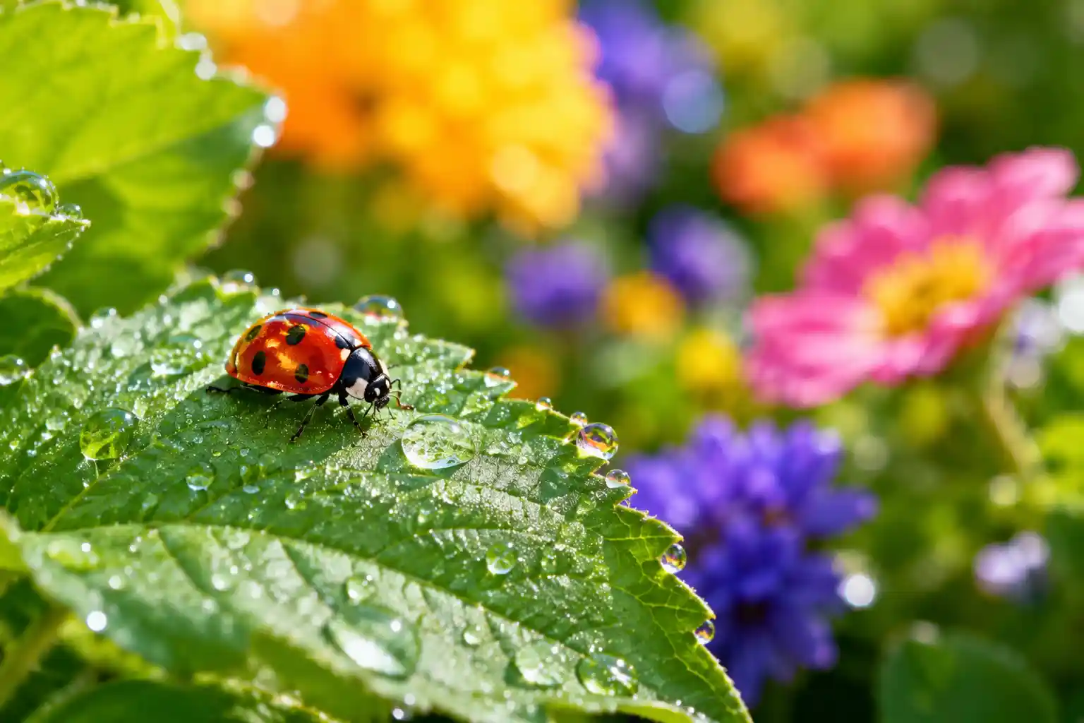 Tiny ladybug on a green leaf